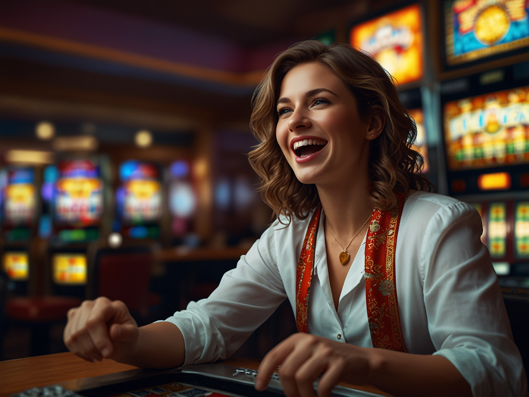 Excited player at a slot machine celebrating a win